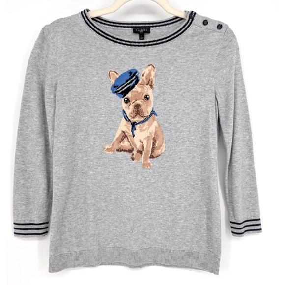 Talbots Petite Gray French Bulldog Graphic Sweater Classic Preppy Parisian Chic - Picture 1 of 9